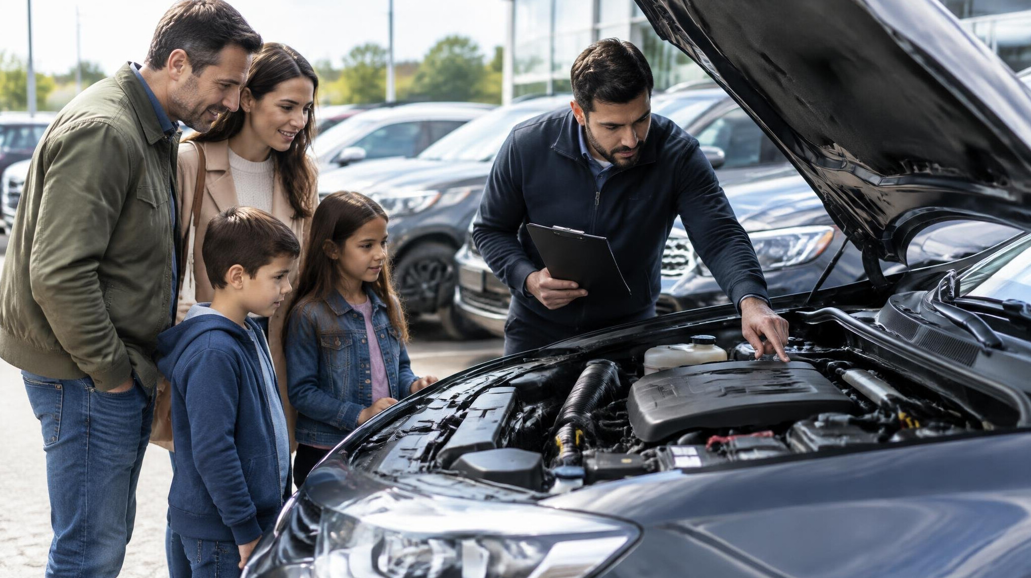 family looking at cars