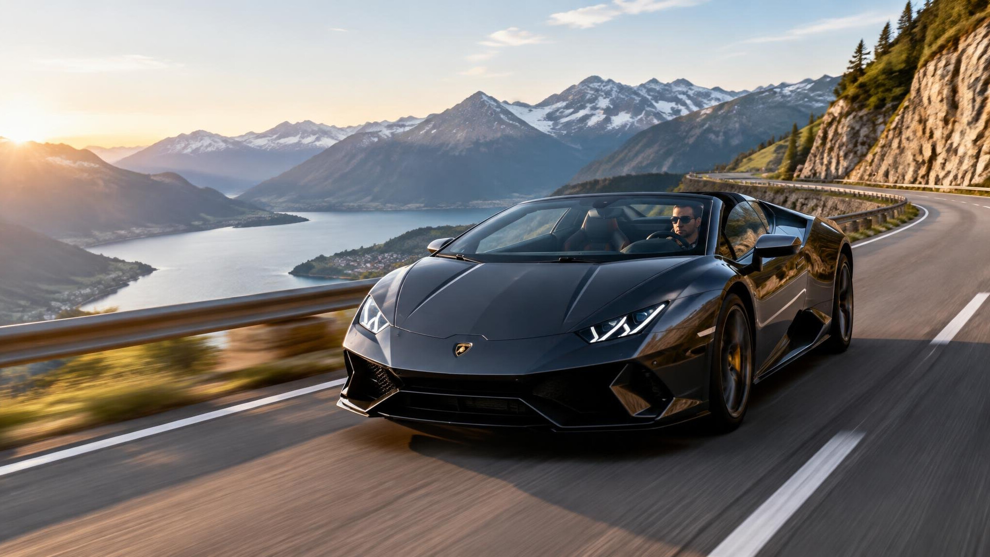 luxury sports car driving on mountain road
